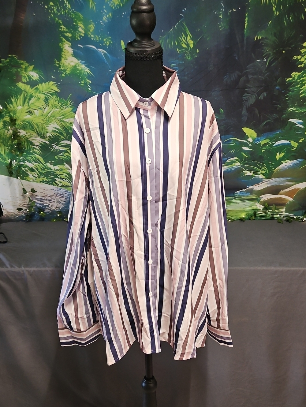 Unbranded Pink And Navy Striped Button-Up Shirt